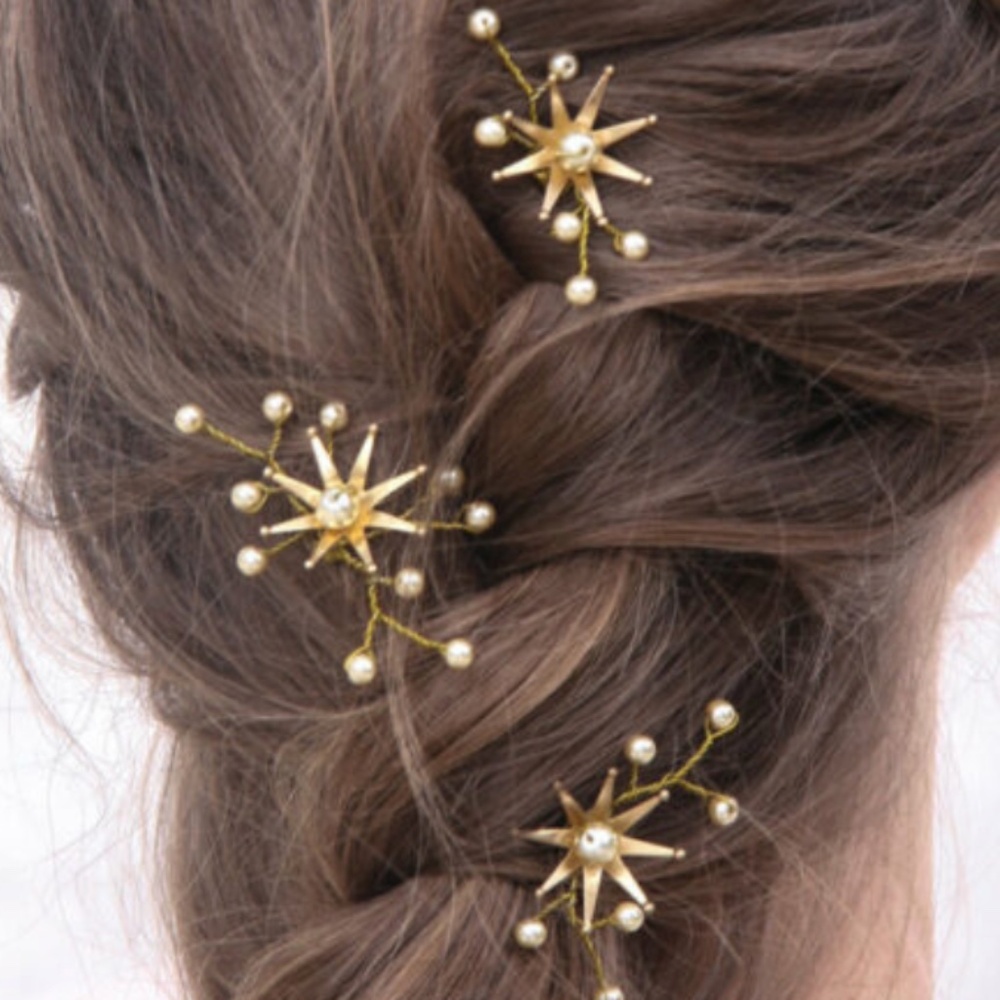 Celestial Star Flower Hair Pins with Champagne Pearls, Set of six vintage pins.